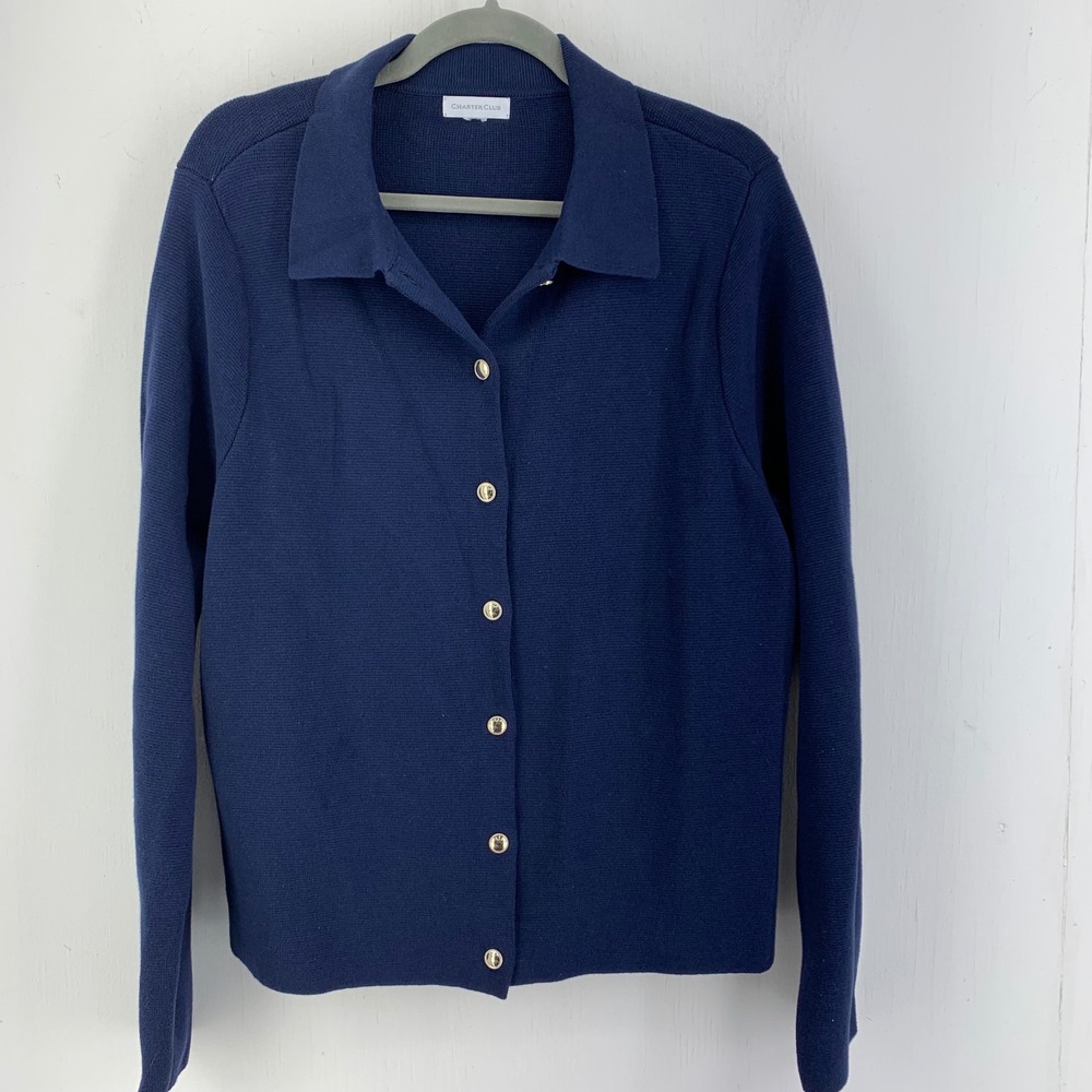 Charter Club Cotton Cardigan Sweater XL Gold Crest Buttons Preppy Dark Academia